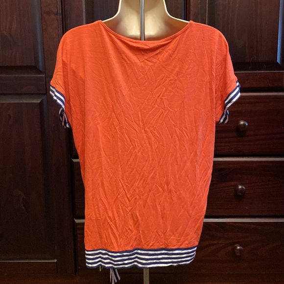 Venus Small Coral with Blue & White Stripe Side Tie Short Sleeve Shirt - Picture 9 of 13